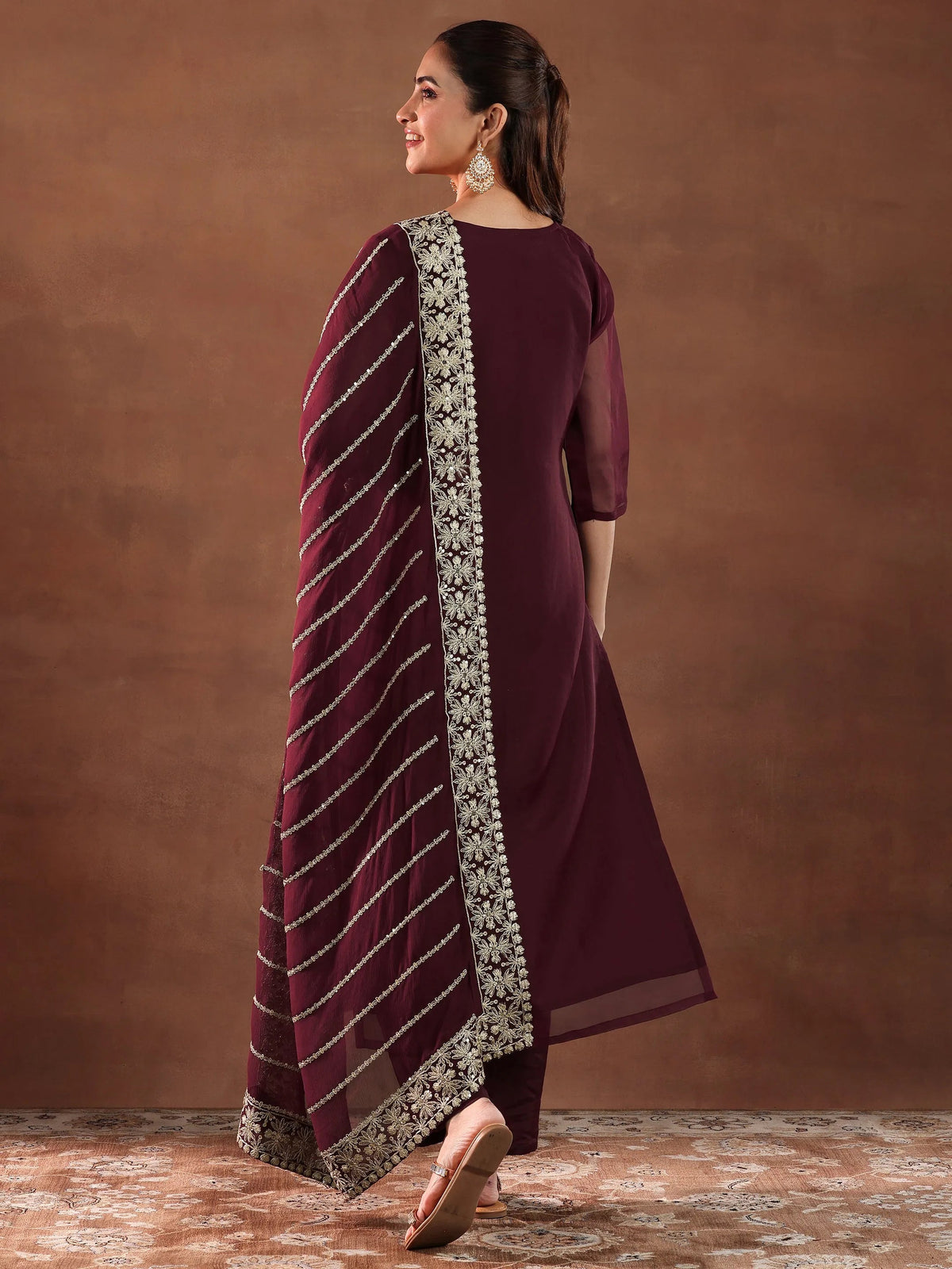 Anouk Maroon Yoke Design Organza Straight Suit With Dupatta