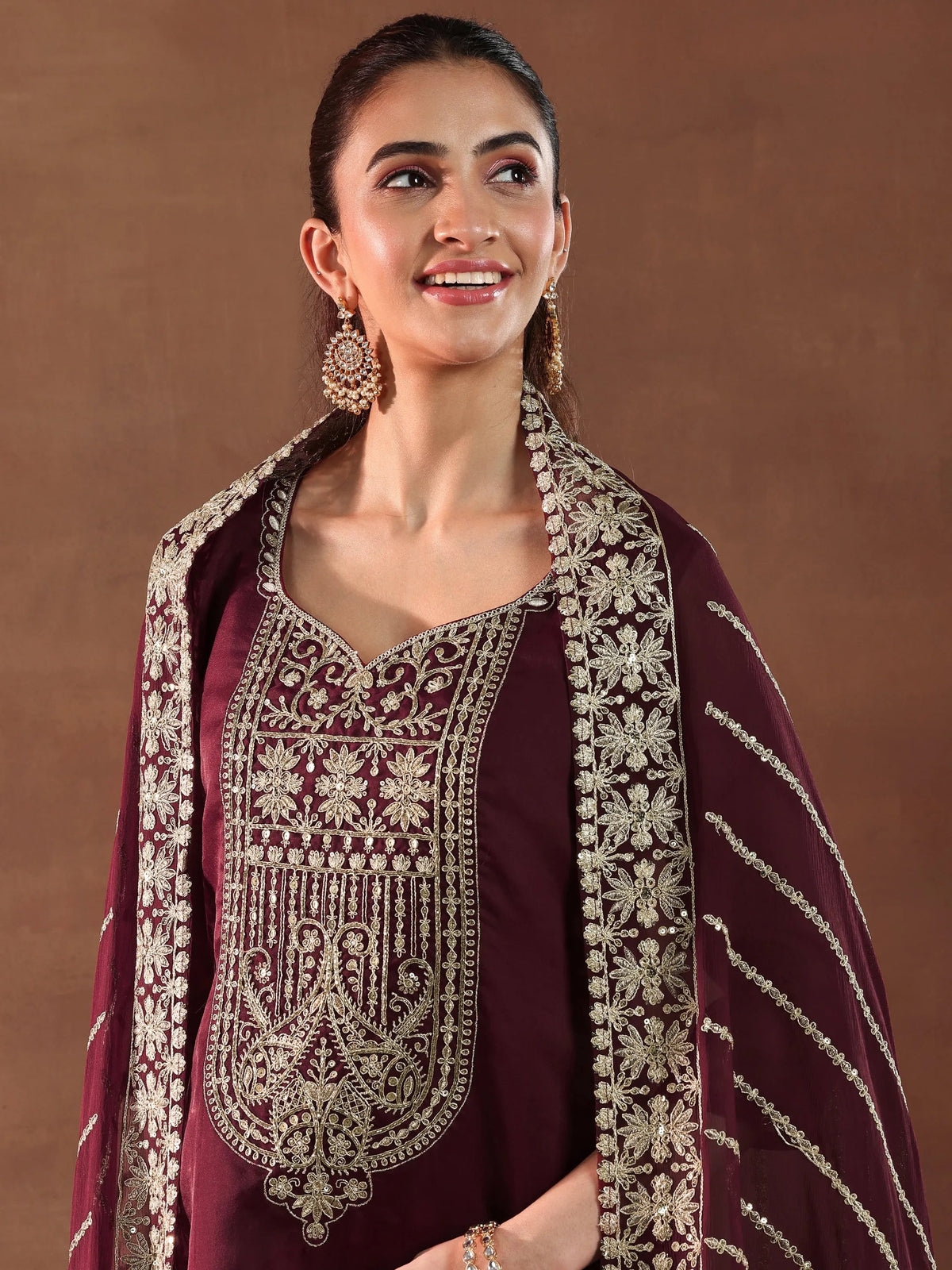 Anouk Maroon Yoke Design Organza Straight Suit With Dupatta