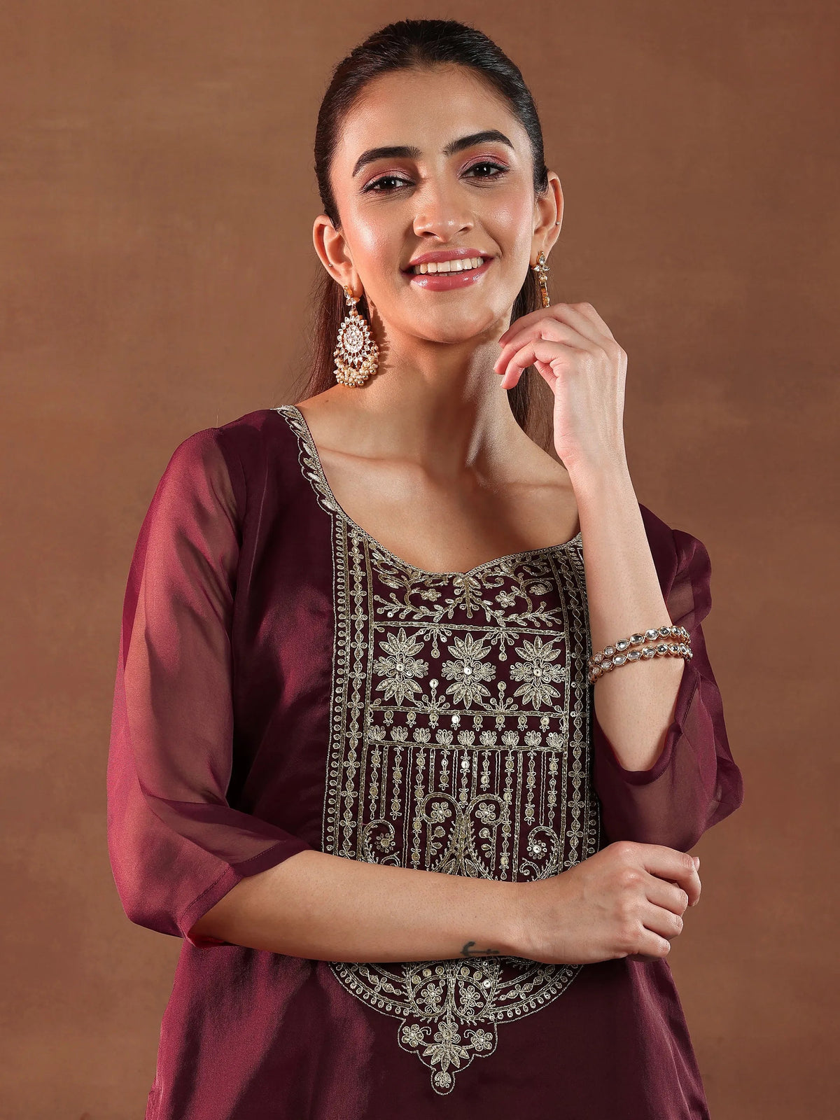 Anouk Maroon Yoke Design Organza Straight Suit With Dupatta