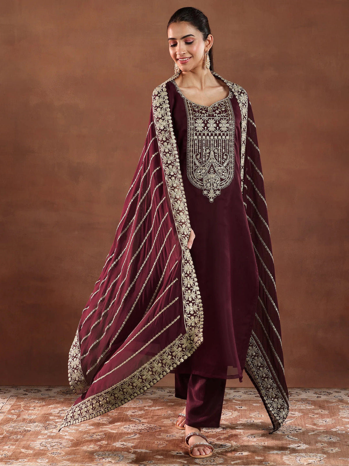 Anouk Maroon Yoke Design Organza Straight Suit With Dupatta
