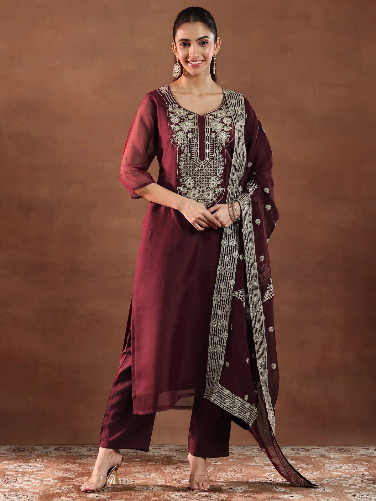 Anouk Maroon Yoke Design Organza Straight Suit With Dupatta