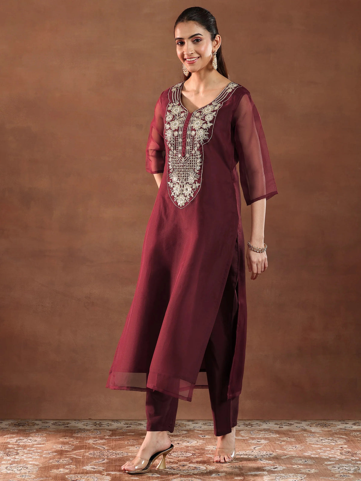 Anouk Maroon Yoke Design Organza Straight Suit With Dupatta