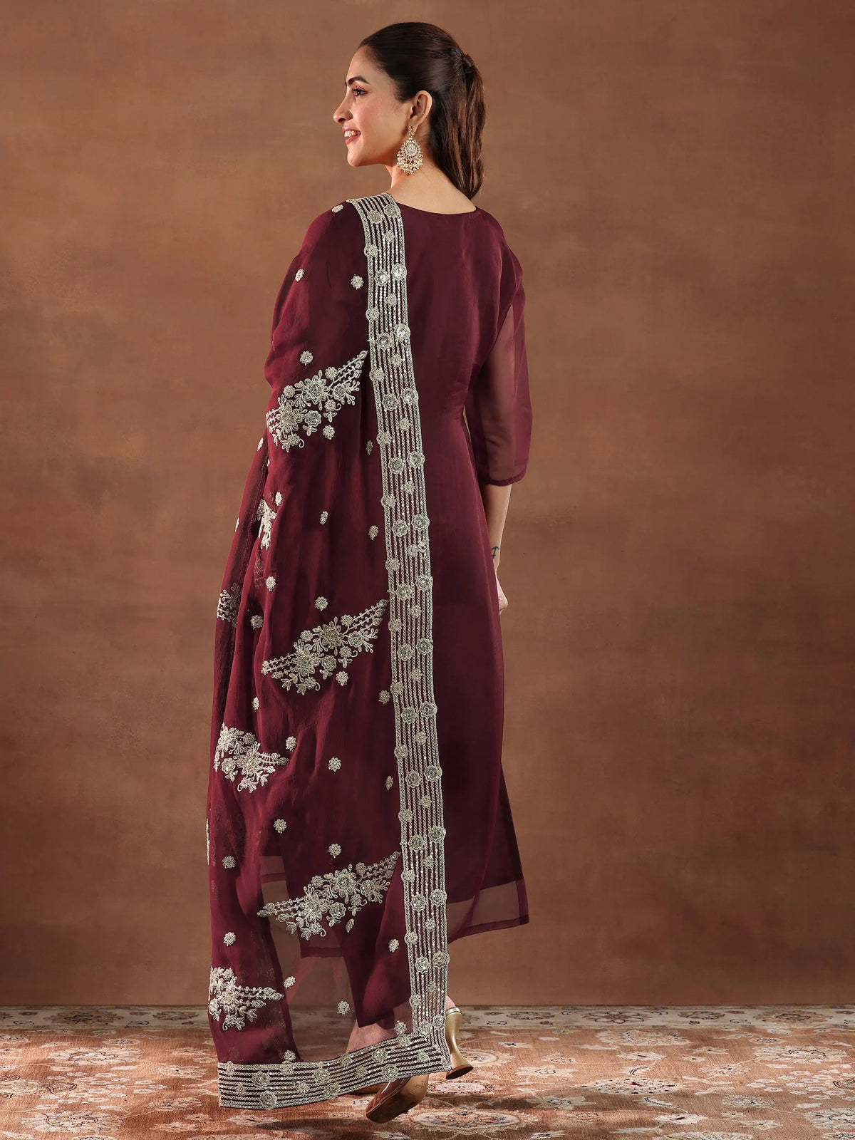 Anouk Maroon Yoke Design Organza Straight Suit With Dupatta