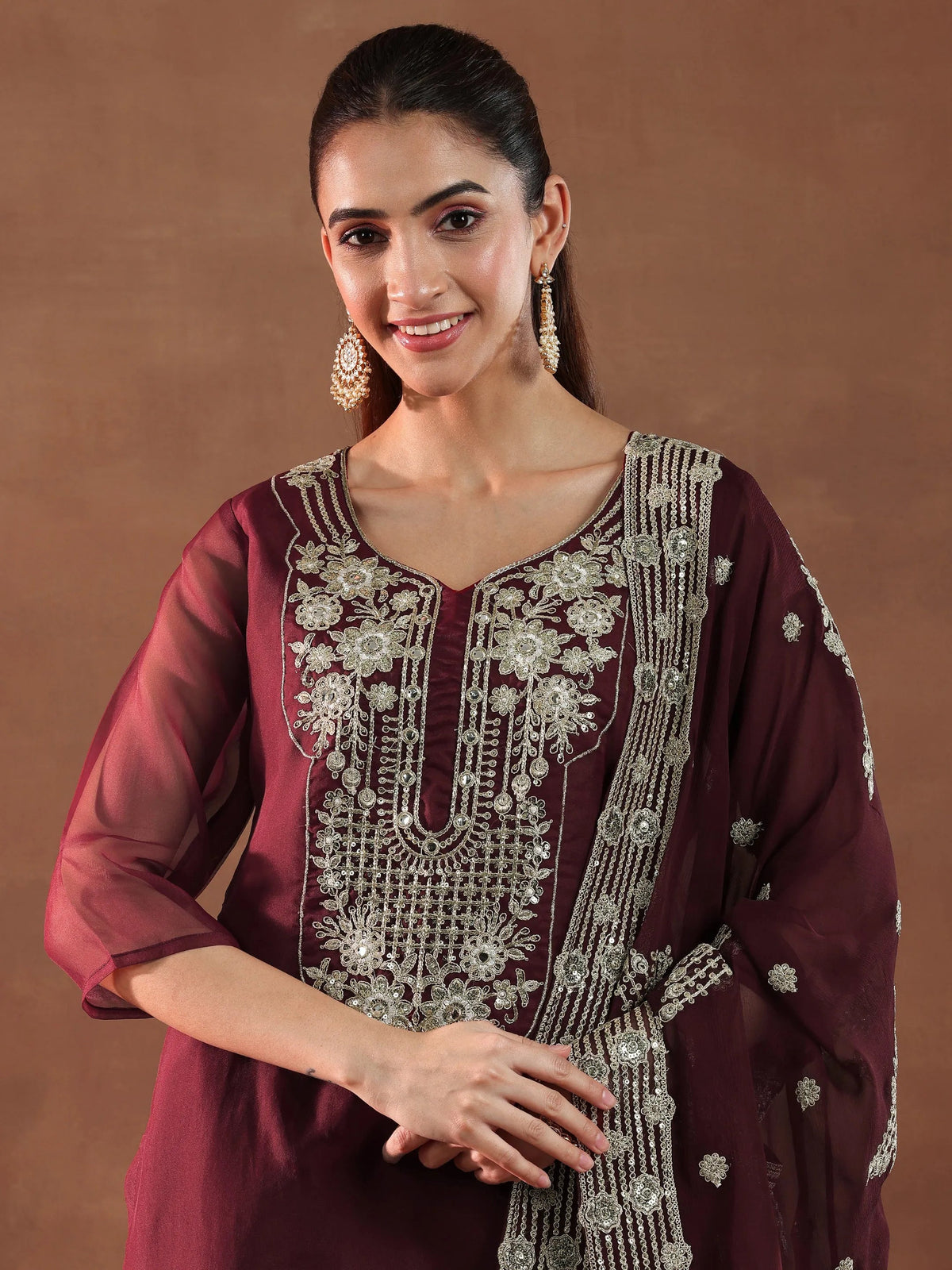 Anouk Maroon Yoke Design Organza Straight Suit With Dupatta
