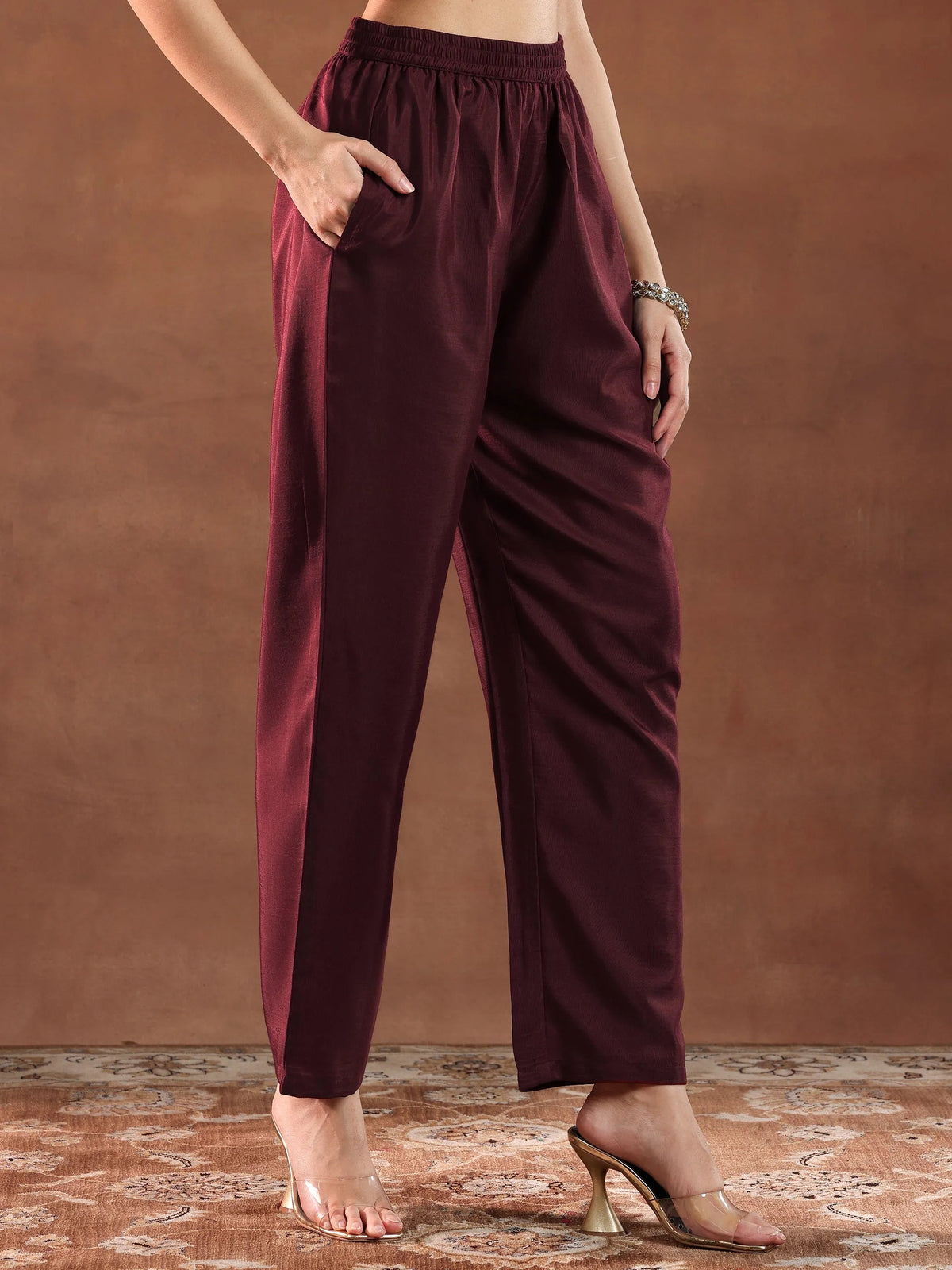 Anouk Maroon Yoke Design Organza Straight Suit With Dupatta