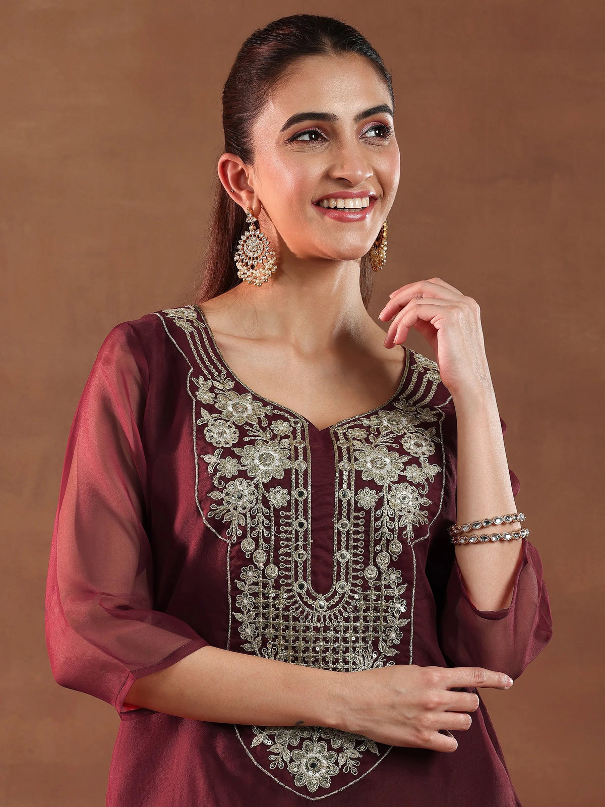 Anouk Maroon Yoke Design Organza Straight Suit With Dupatta