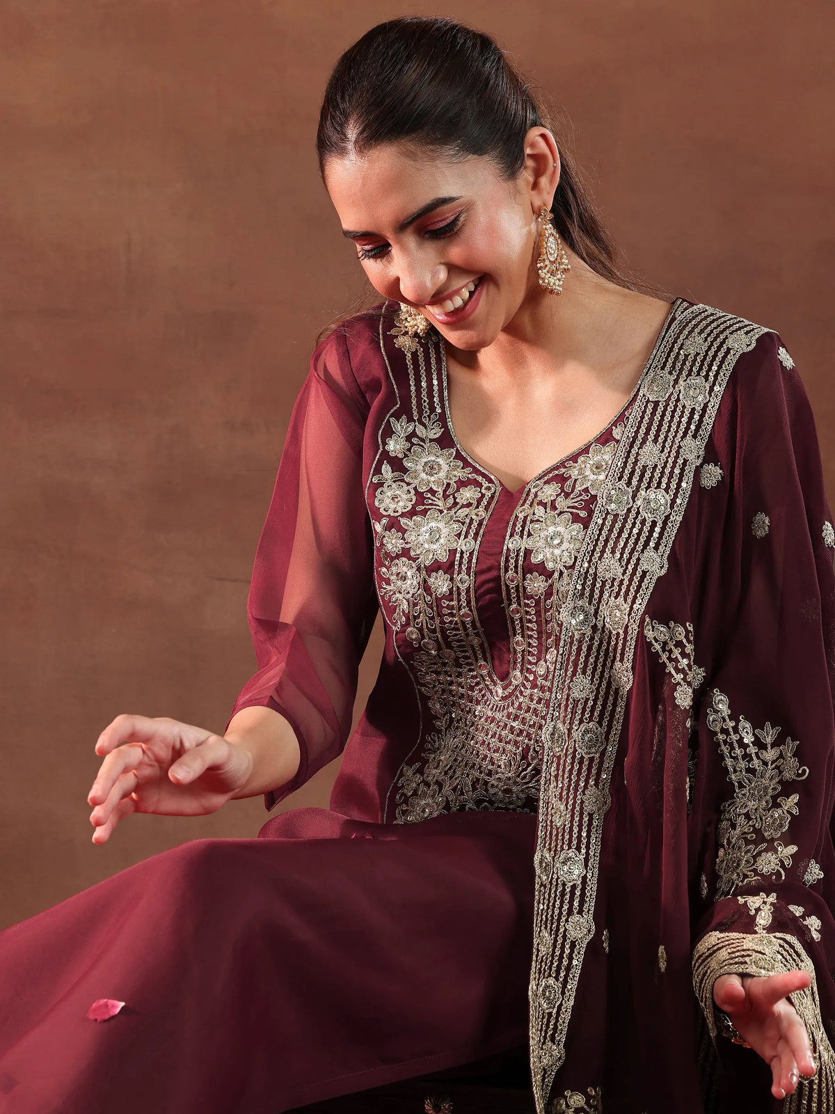 Anouk Maroon Yoke Design Organza Straight Suit With Dupatta