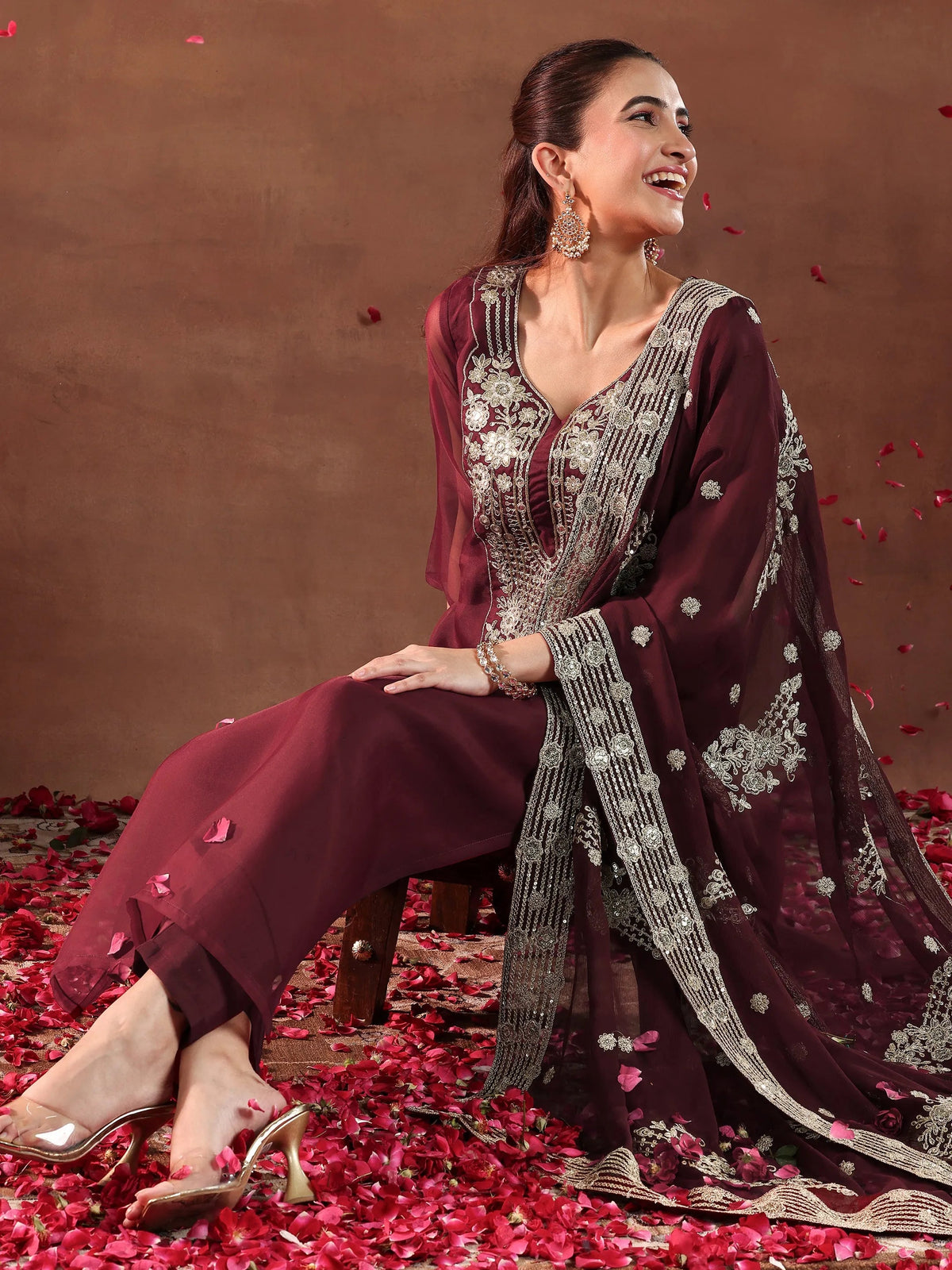 Anouk Maroon Yoke Design Organza Straight Suit With Dupatta