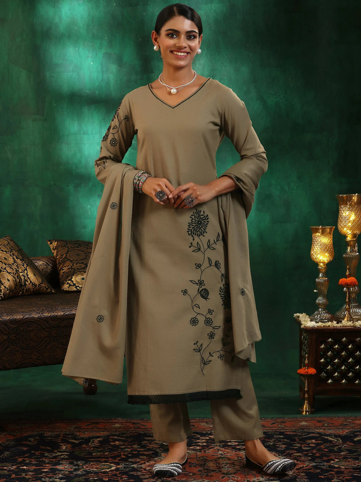 Anouk Taupe Embroidered Cotton Straight Suit With Dupatta