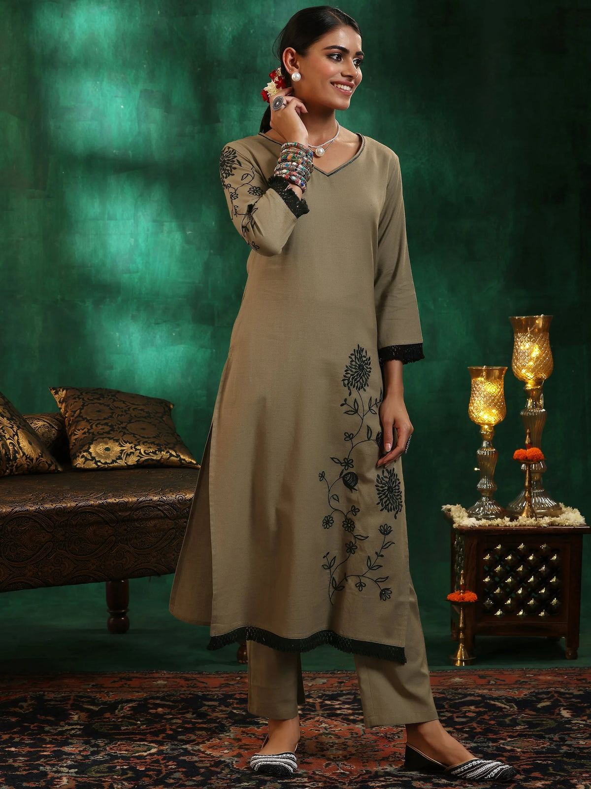 Anouk Taupe Embroidered Cotton Straight Suit With Dupatta