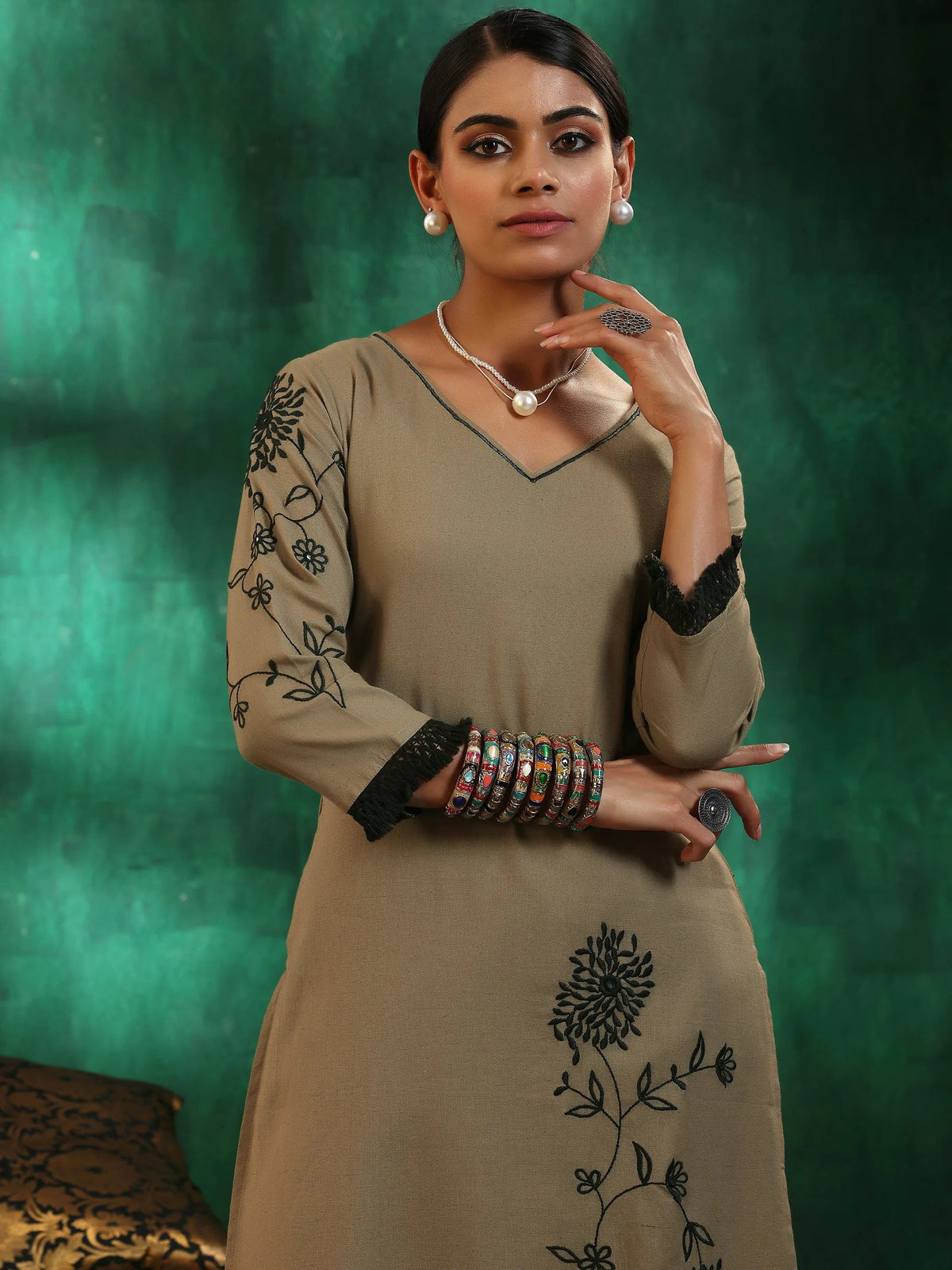 Anouk Taupe Embroidered Cotton Straight Suit With Dupatta