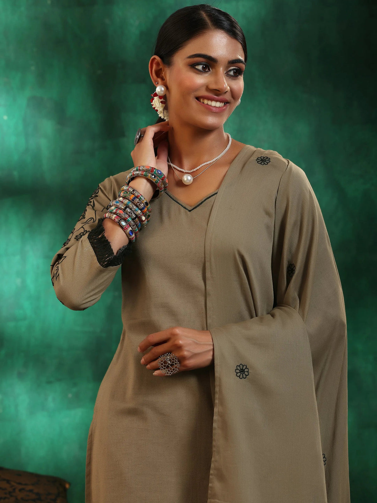 Anouk Taupe Embroidered Cotton Straight Suit With Dupatta