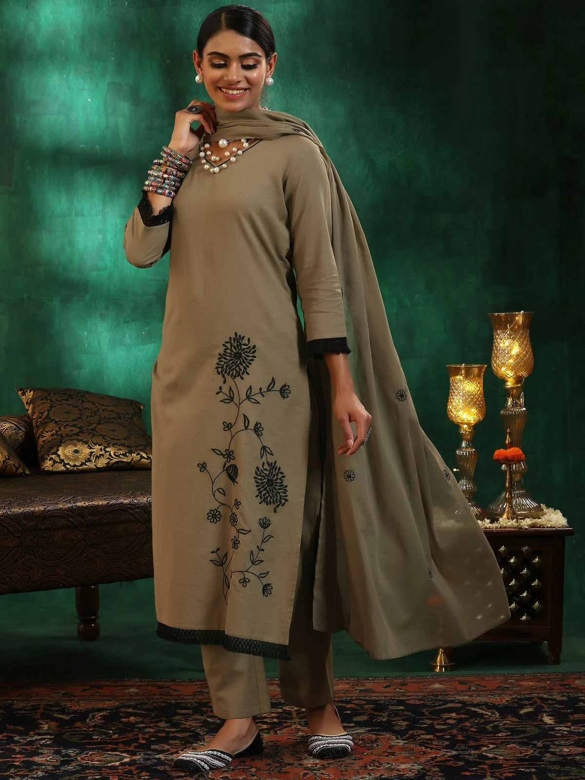 Anouk Taupe Embroidered Cotton Straight Suit With Dupatta
