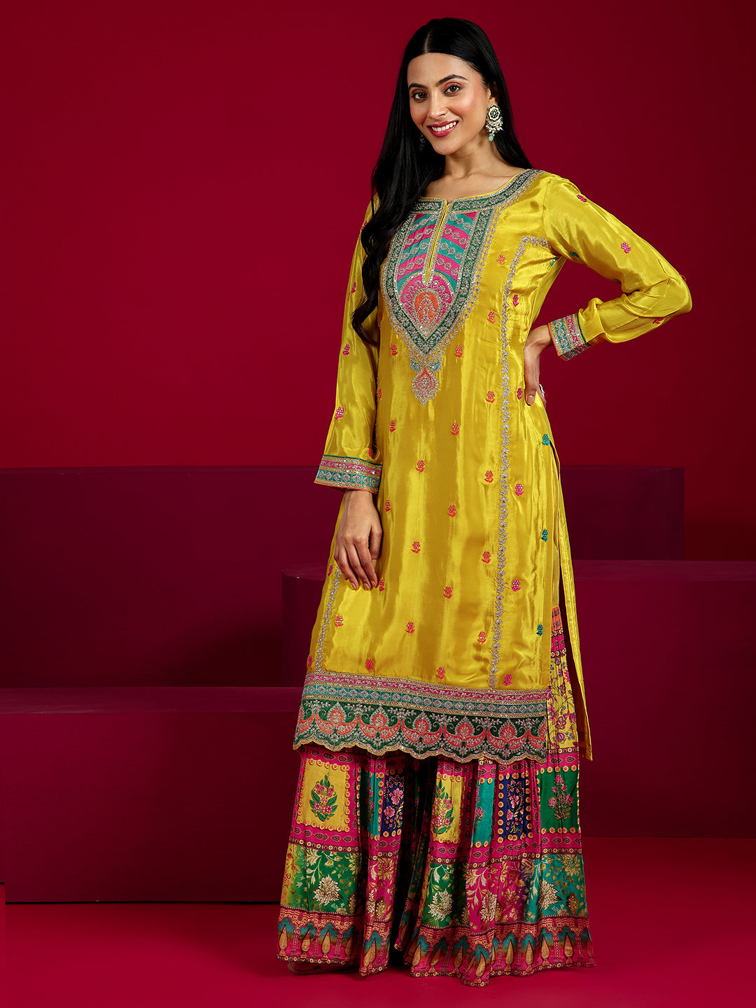 Anouk Art Mustard Embroidered Silk Blend Straight Sharara Suit Set With Dupatta