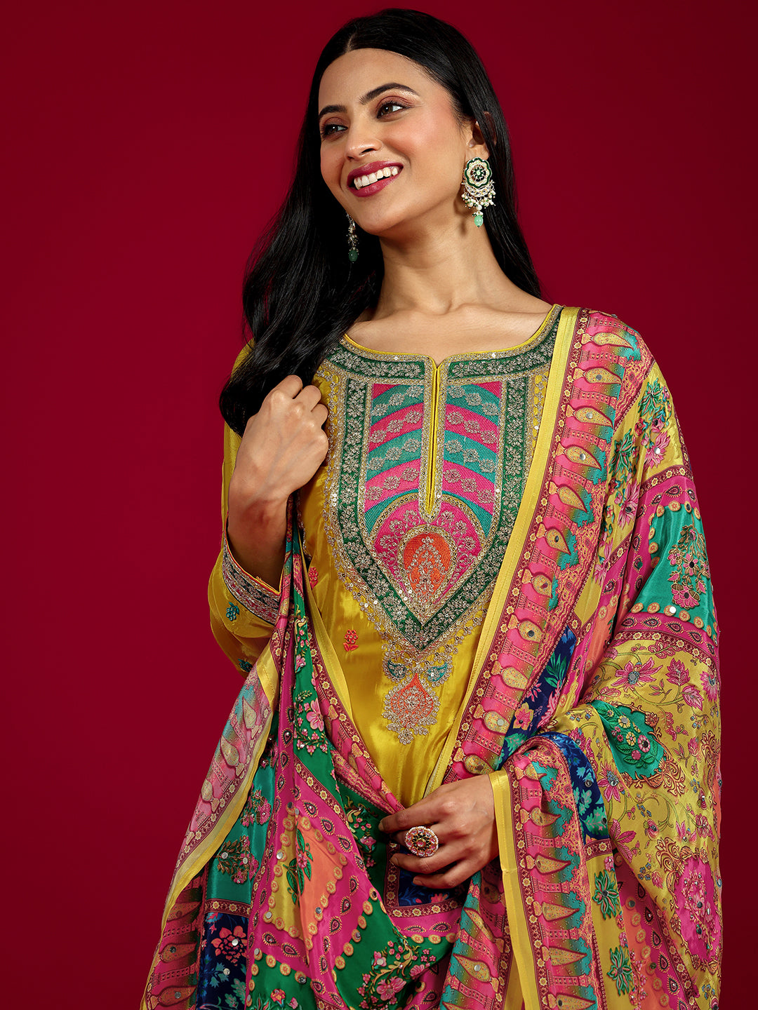 Anouk Art Mustard Embroidered Silk Blend Straight Sharara Suit Set With Dupatta