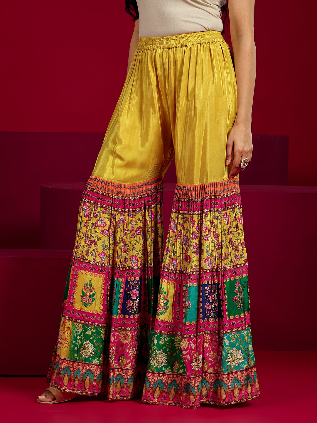 Anouk Art Mustard Embroidered Silk Blend Straight Sharara Suit Set With Dupatta