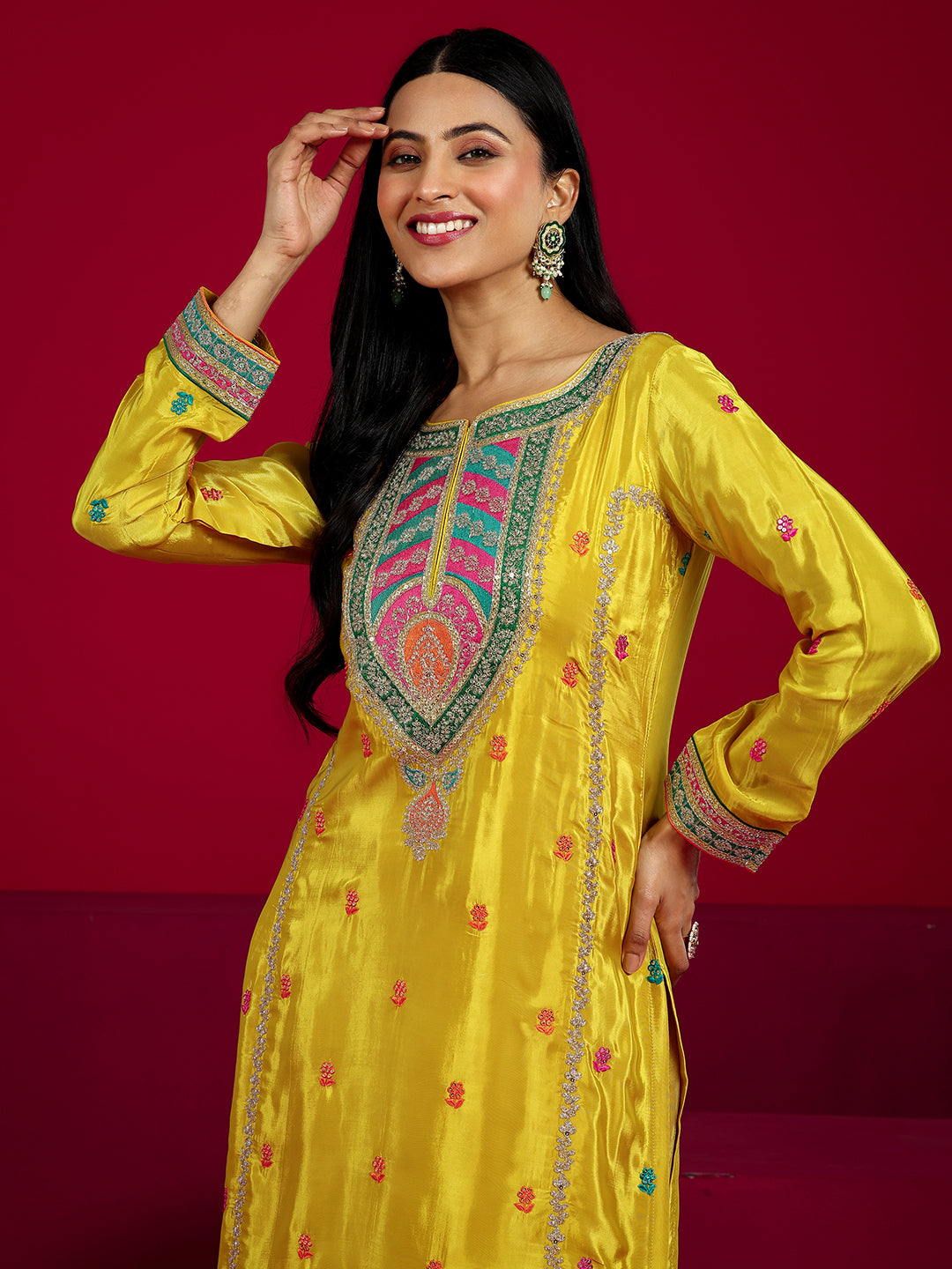 Anouk Art Mustard Embroidered Silk Blend Straight Sharara Suit Set With Dupatta