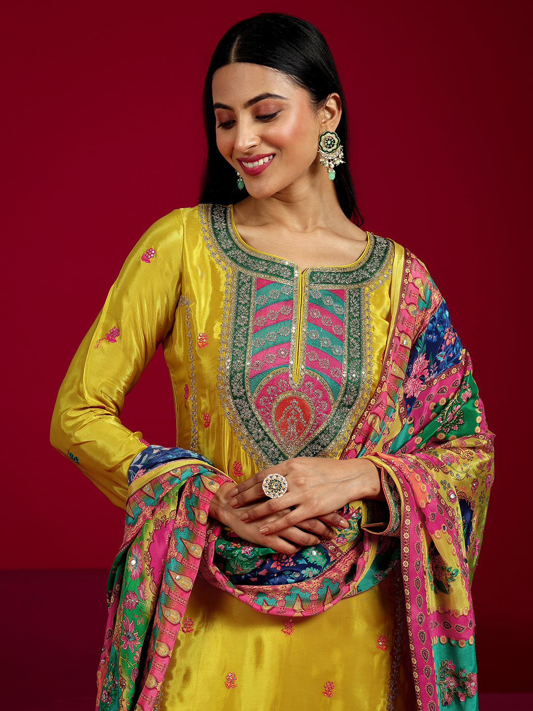 Anouk Art Mustard Embroidered Silk Blend Straight Sharara Suit Set With Dupatta