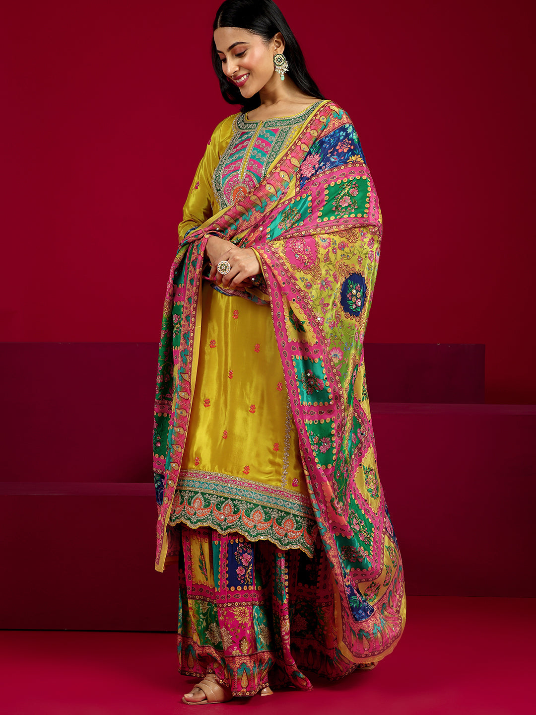 Anouk Art Mustard Embroidered Silk Blend Straight Sharara Suit Set With Dupatta
