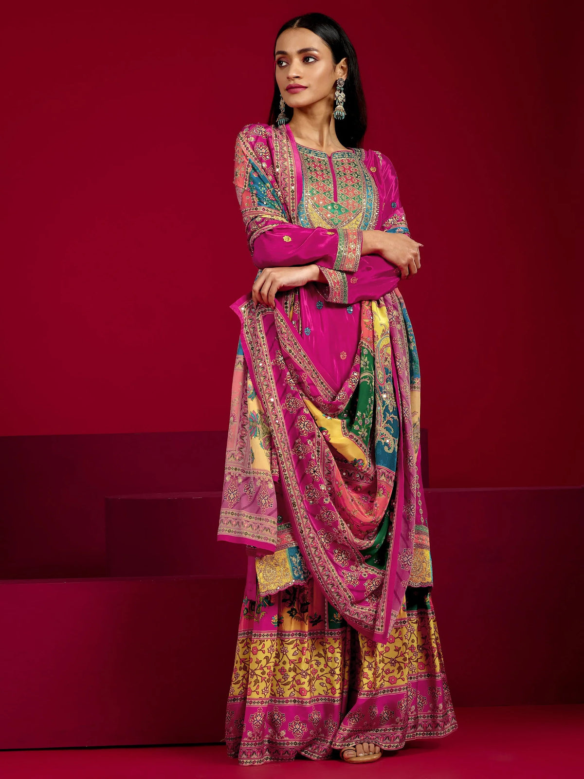 Anouk Art Pink Embroidered Silk Blend Straight Suit With Dupatta