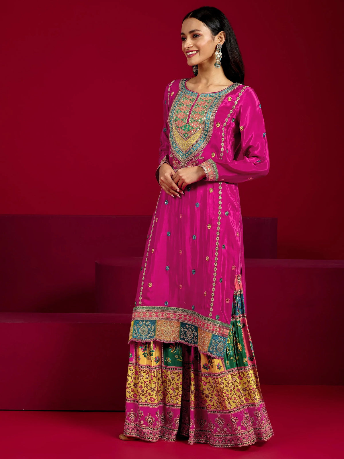 Anouk Art Pink Embroidered Silk Blend Straight Suit With Dupatta
