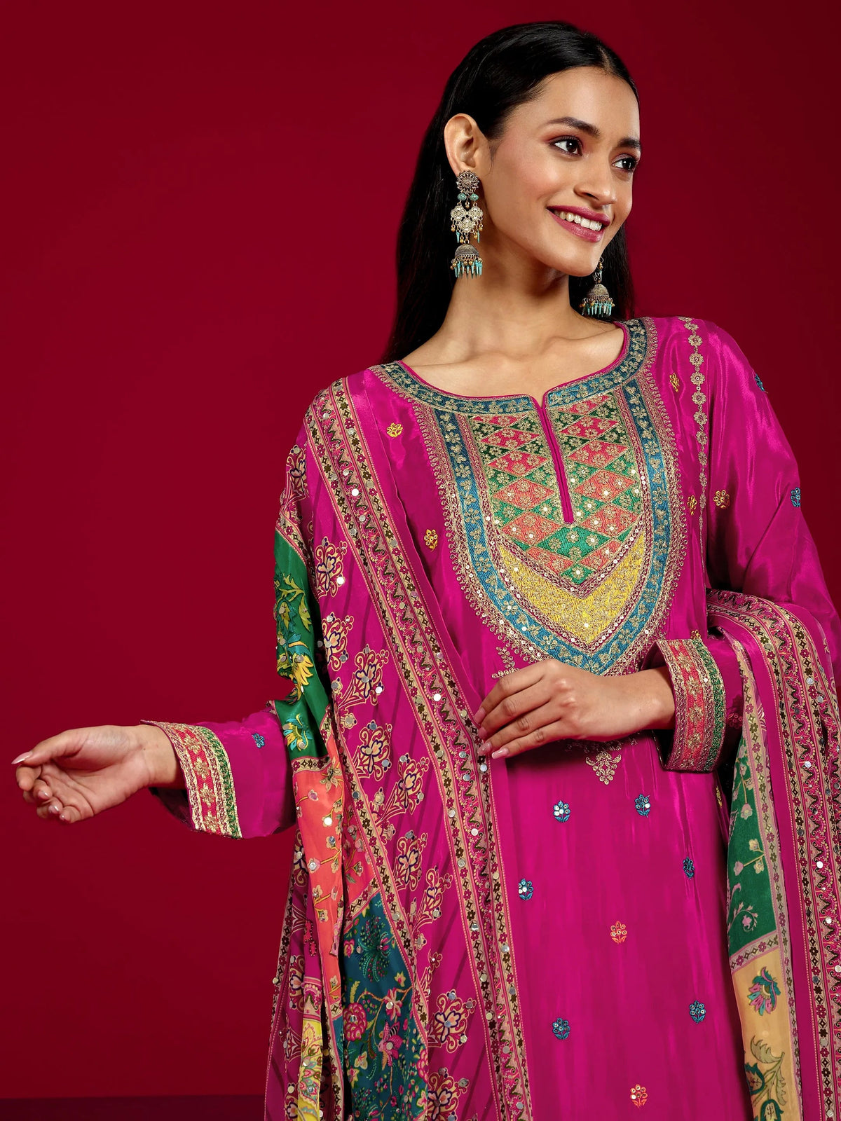 Anouk Art Pink Embroidered Silk Blend Straight Suit With Dupatta