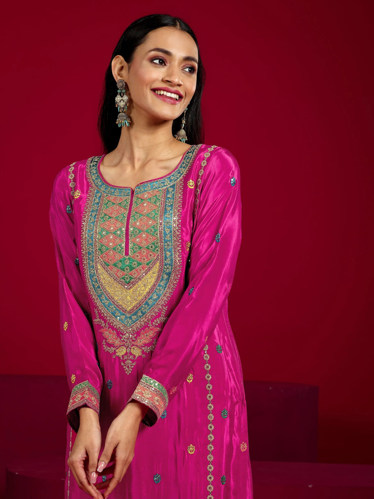 Anouk Art Pink Embroidered Silk Blend Straight Suit With Dupatta
