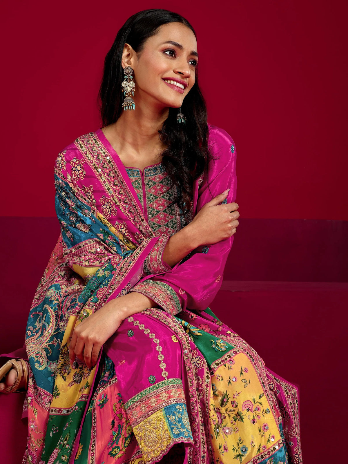 Anouk Art Pink Embroidered Silk Blend Straight Suit With Dupatta