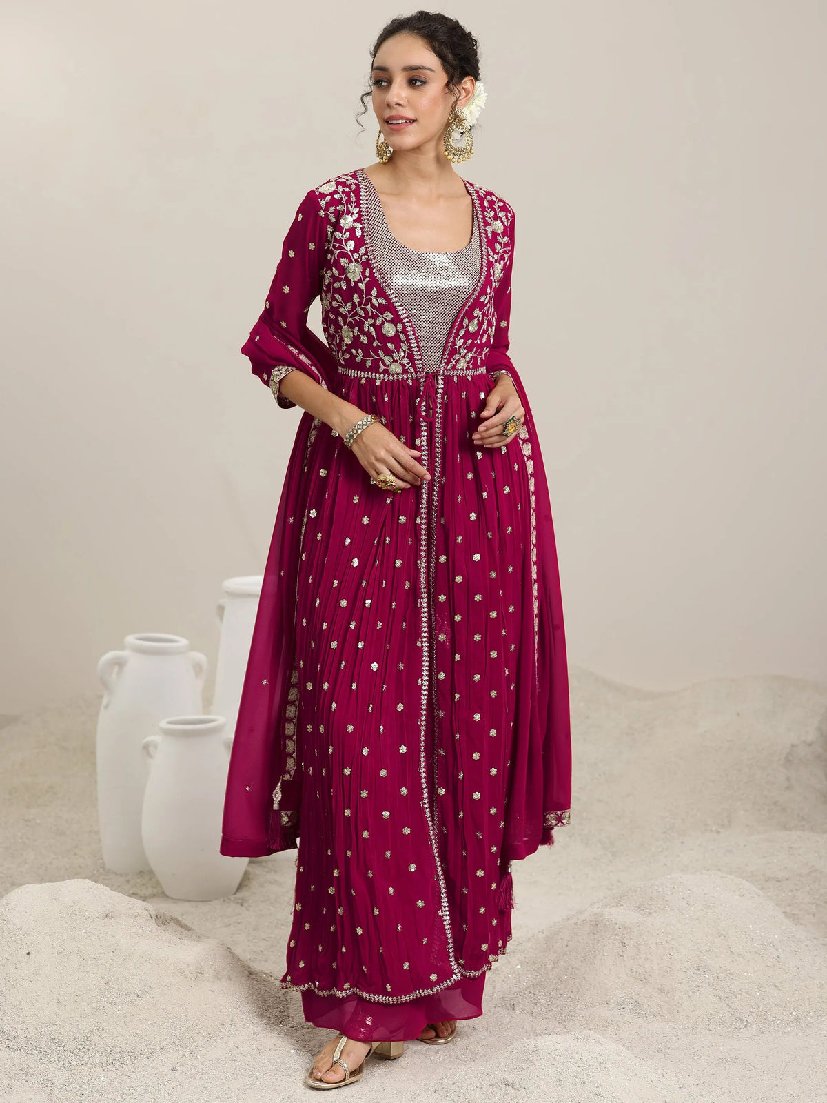 Anouk Pink Embellished Georgette Co-Ords With Shrug
