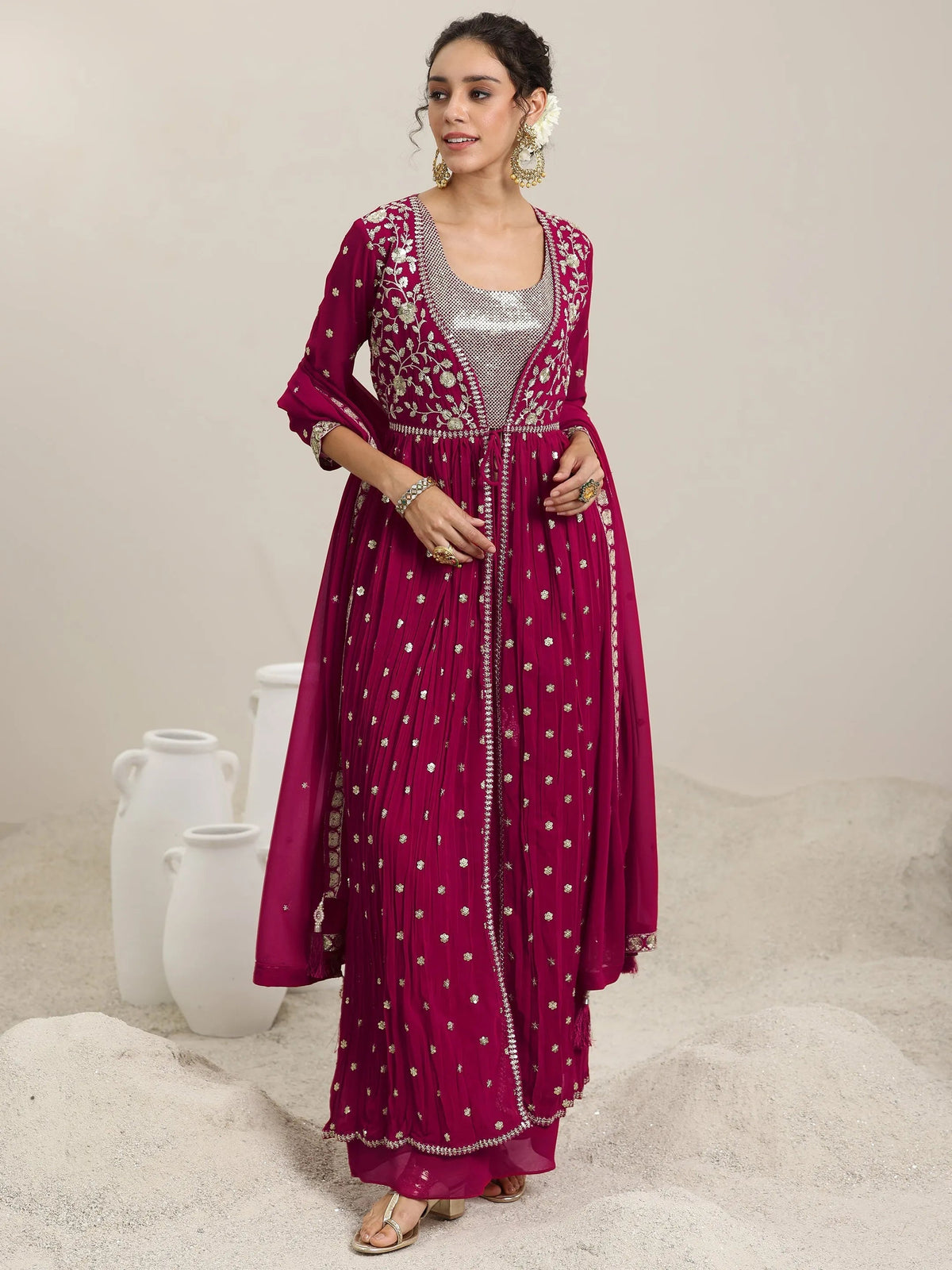 Anouk Pink Embellished Georgette Co-Ords With Shrug