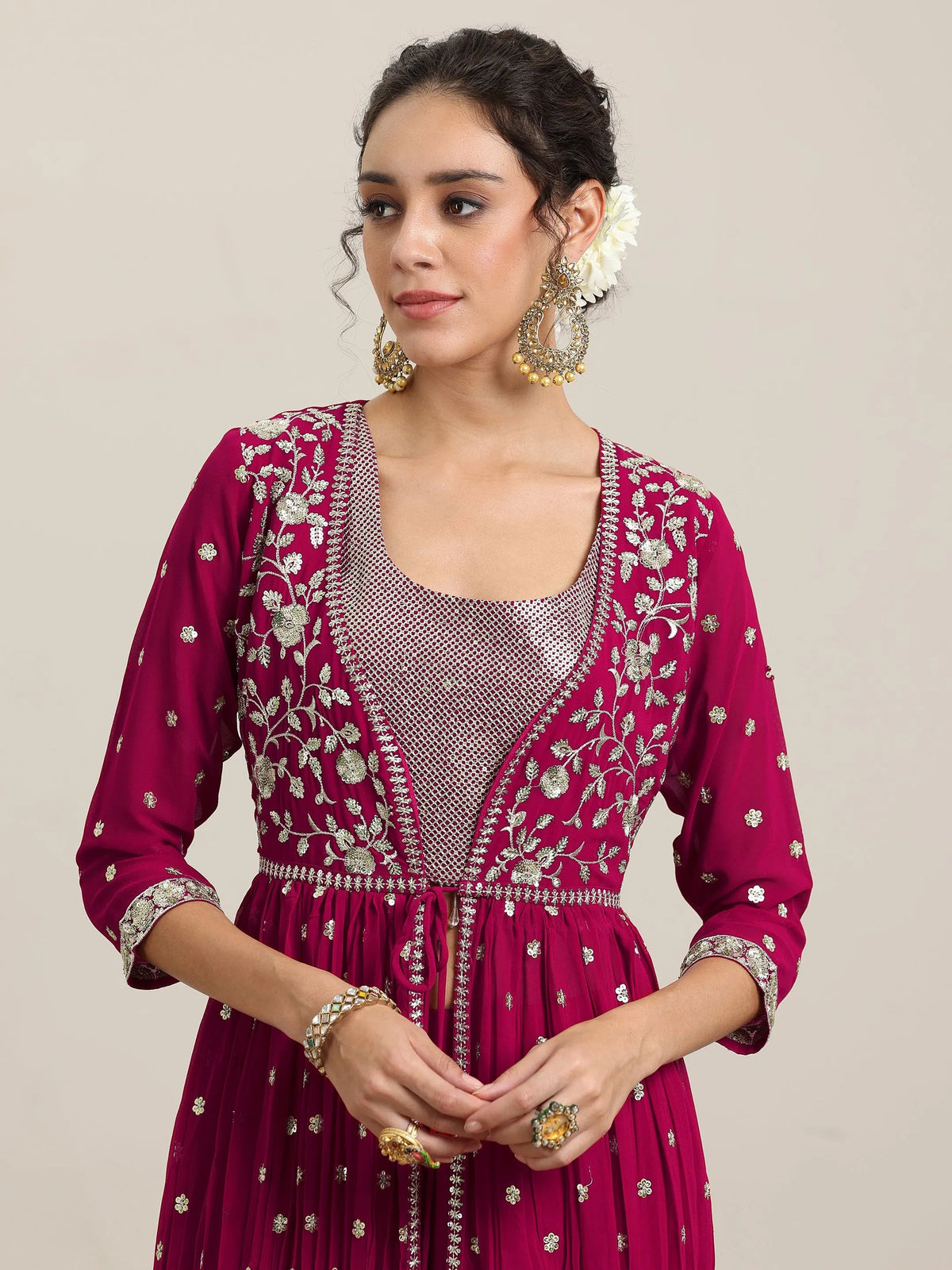 Anouk Pink Embellished Georgette Co-Ords With Shrug