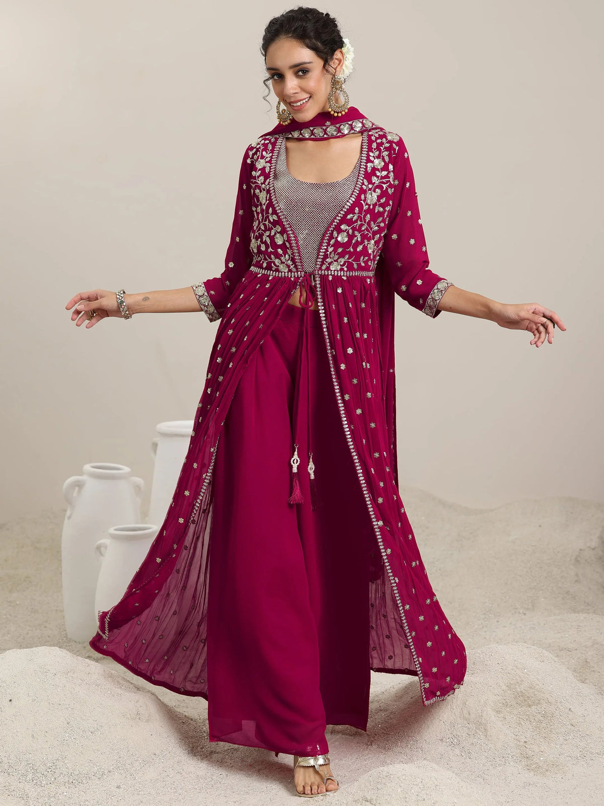 Anouk Pink Embellished Georgette Co-Ords With Shrug