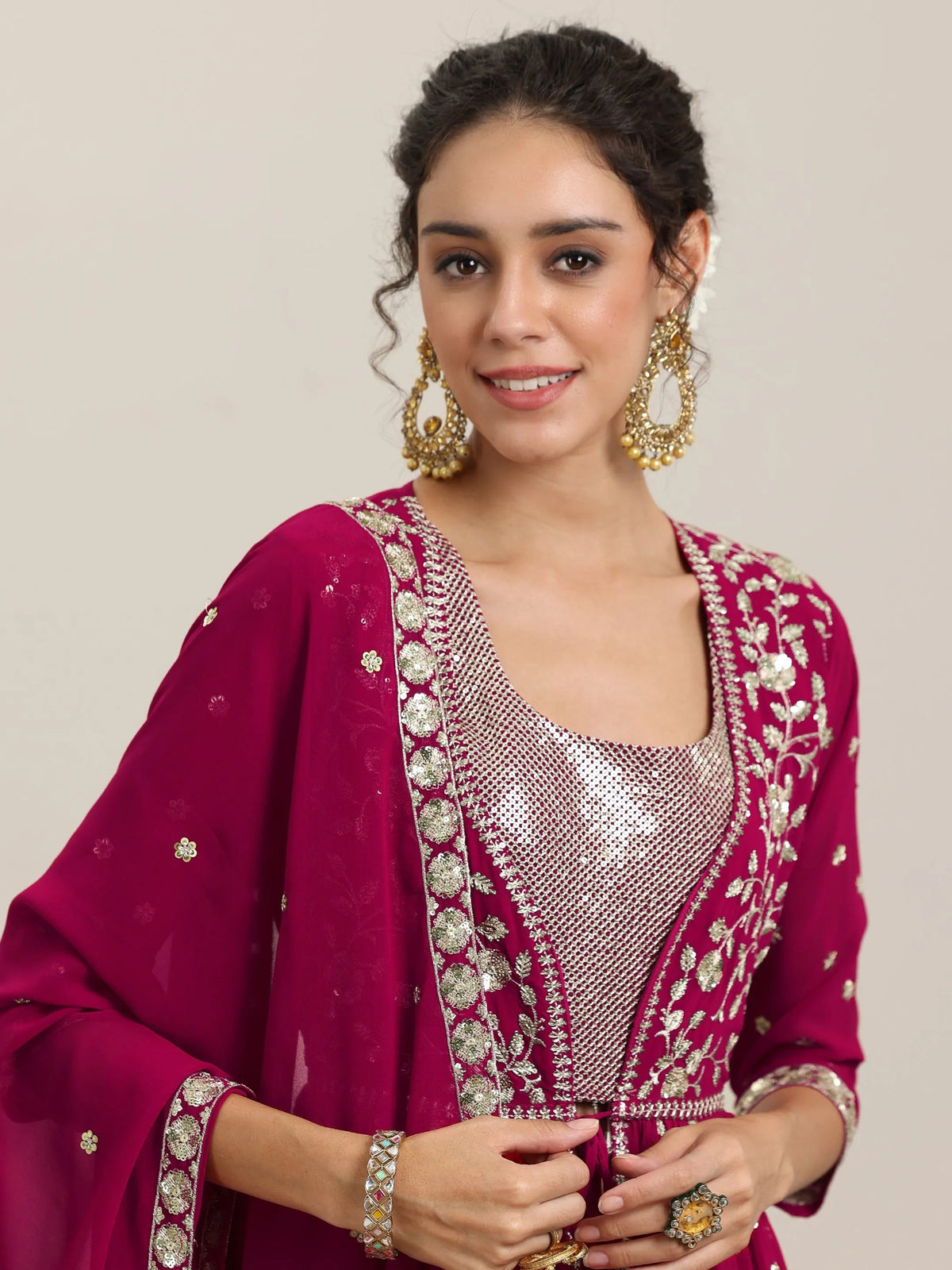 Anouk Pink Embellished Georgette Co-Ords With Shrug
