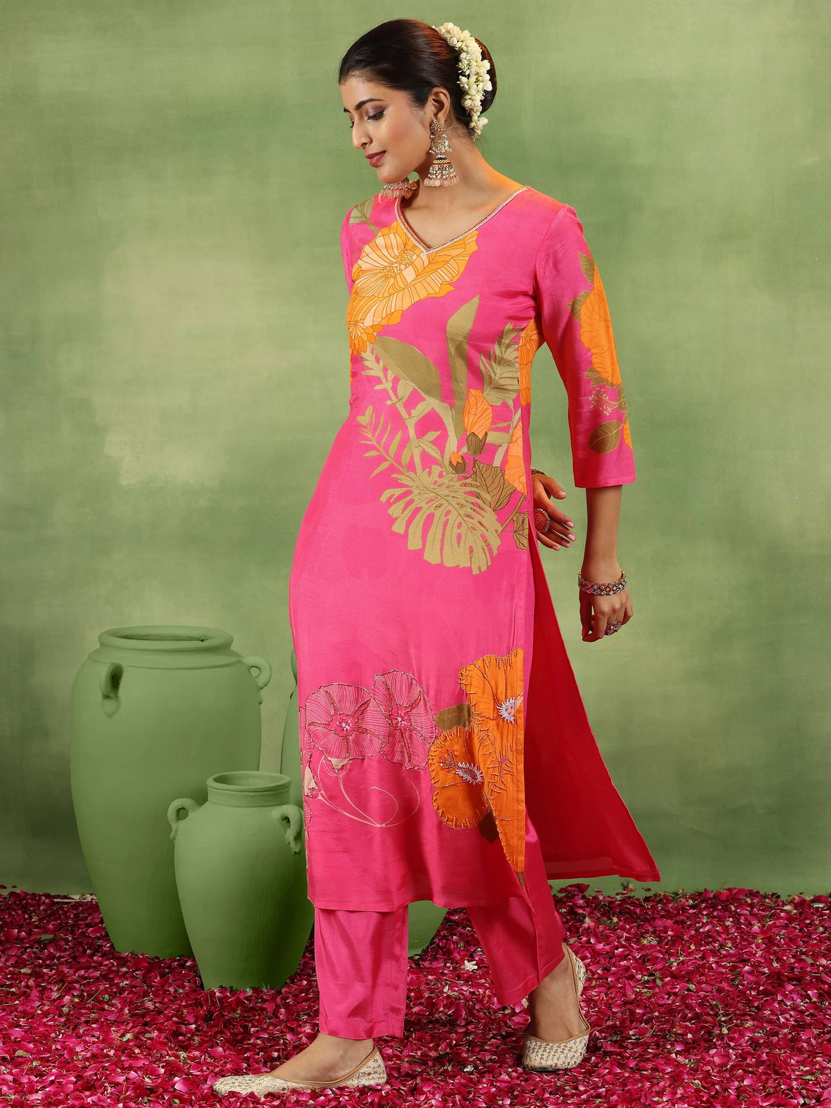 Anouk Pink Printed Muslin Straight Suit With Dupatta