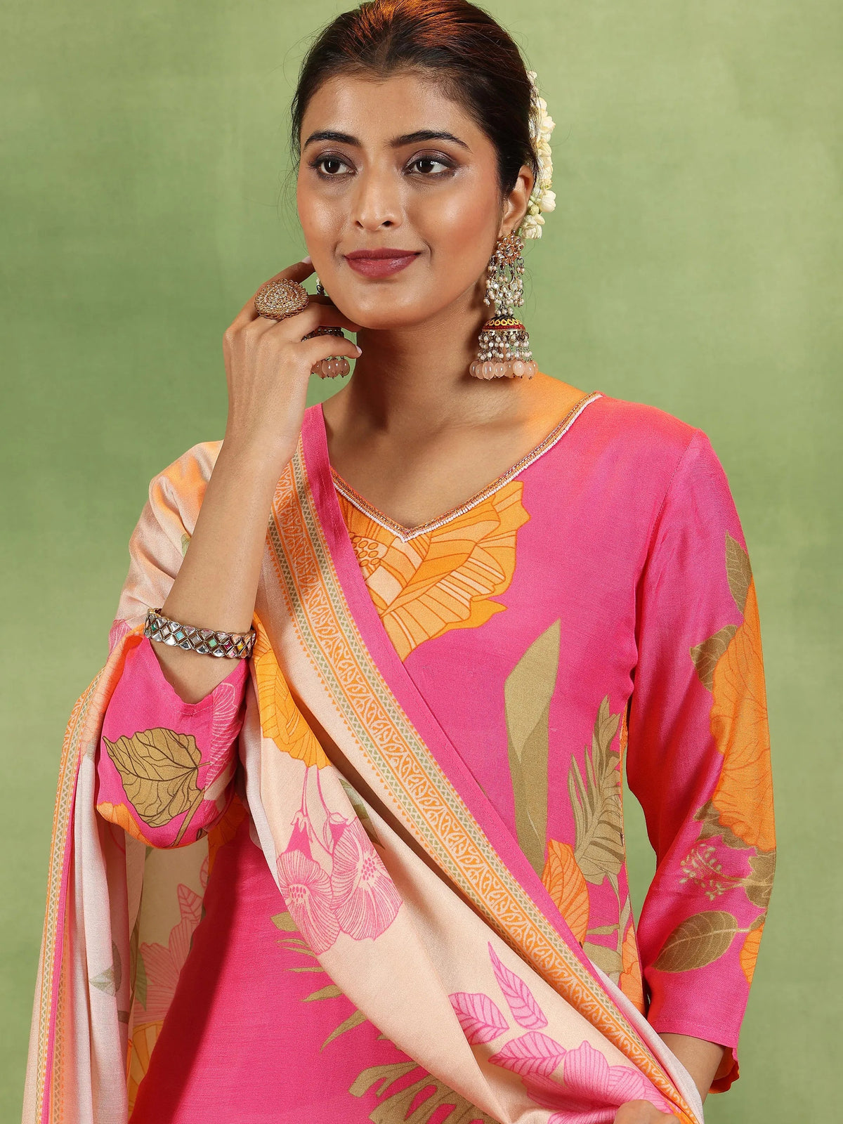 Anouk Pink Printed Muslin Straight Suit With Dupatta