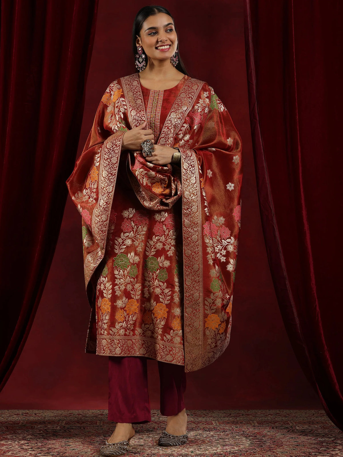 Anouk Art Rust Woven Design Silk Blend Straight Suit With Dupatta