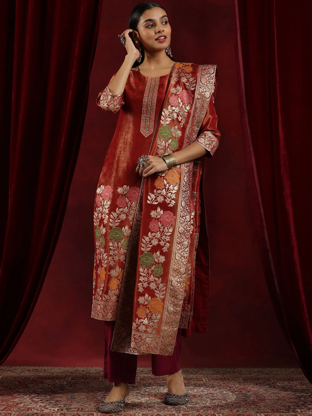 Anouk Art Rust Woven Design Silk Blend Straight Suit With Dupatta