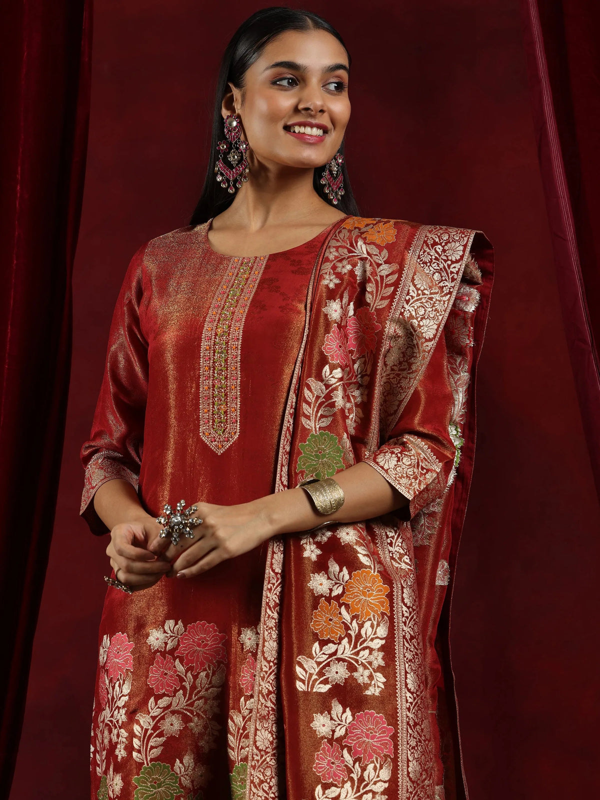 Anouk Art Rust Woven Design Silk Blend Straight Suit With Dupatta