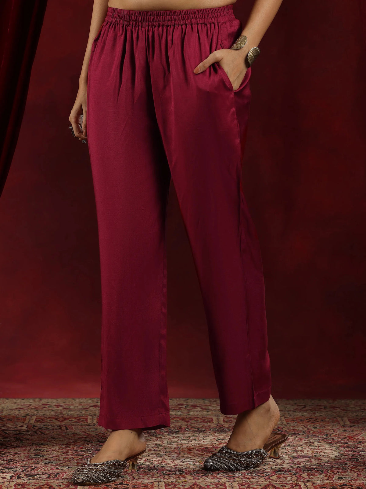 Anouk Art Rust Woven Design Silk Blend Straight Suit With Dupatta