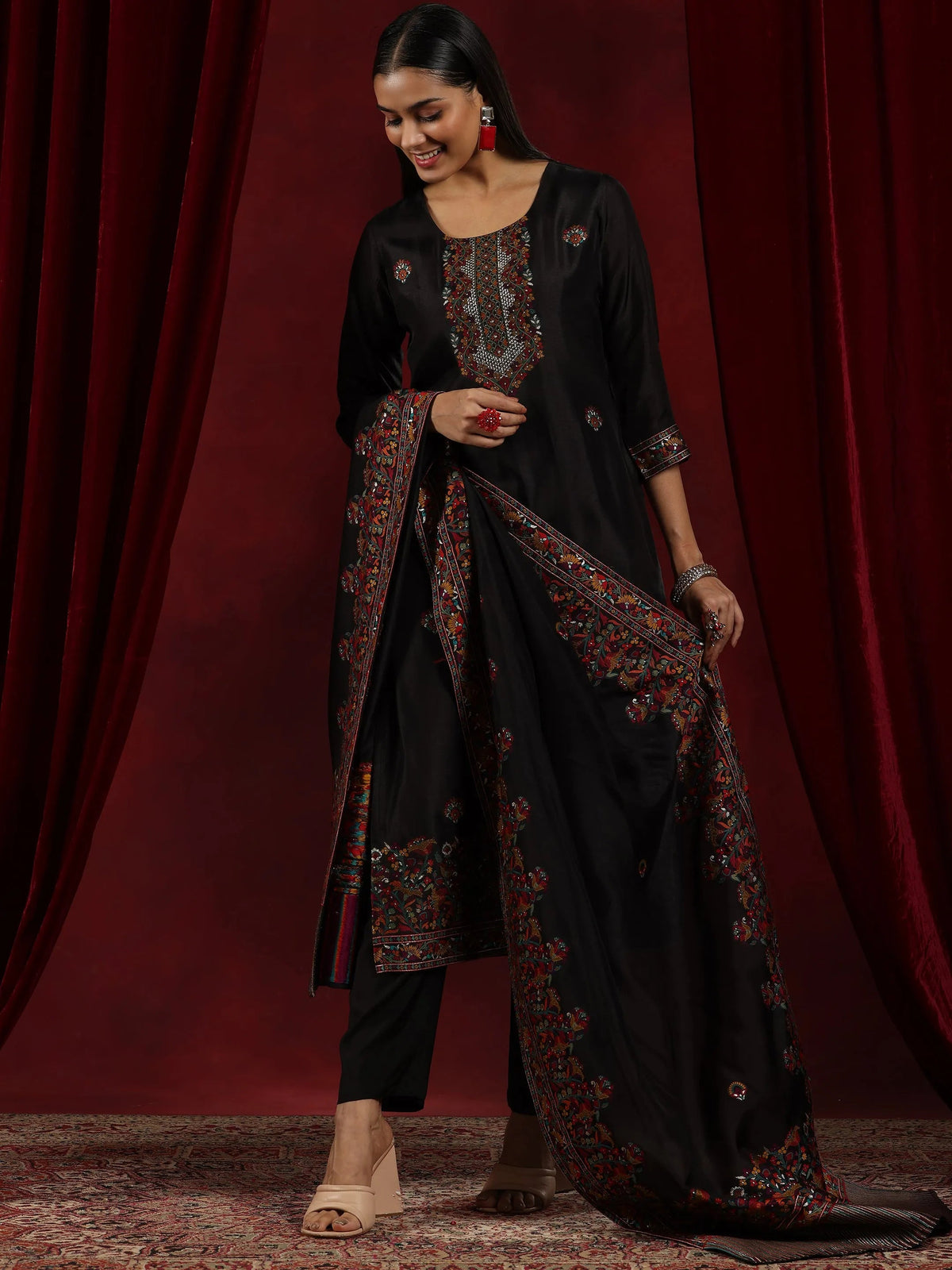 Anouk Art Black Woven Design Silk Blend Straight Suit With Dupatta