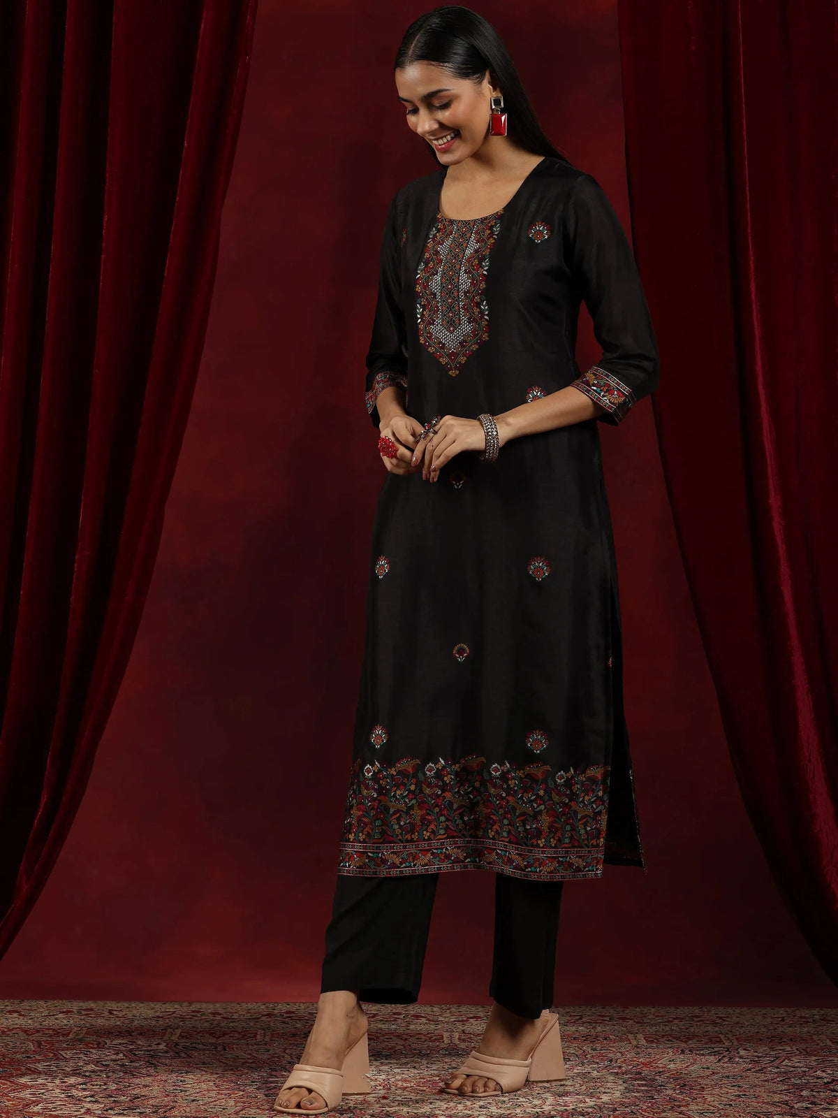 Anouk Art Black Woven Design Silk Blend Straight Suit With Dupatta