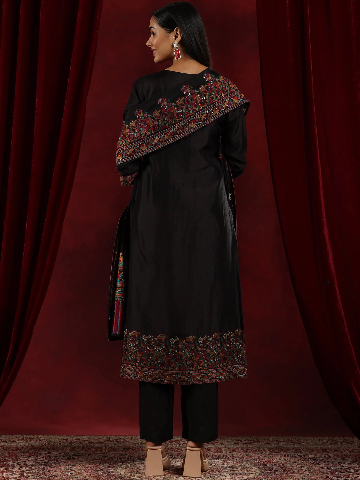 Anouk Art Black Woven Design Silk Blend Straight Suit With Dupatta