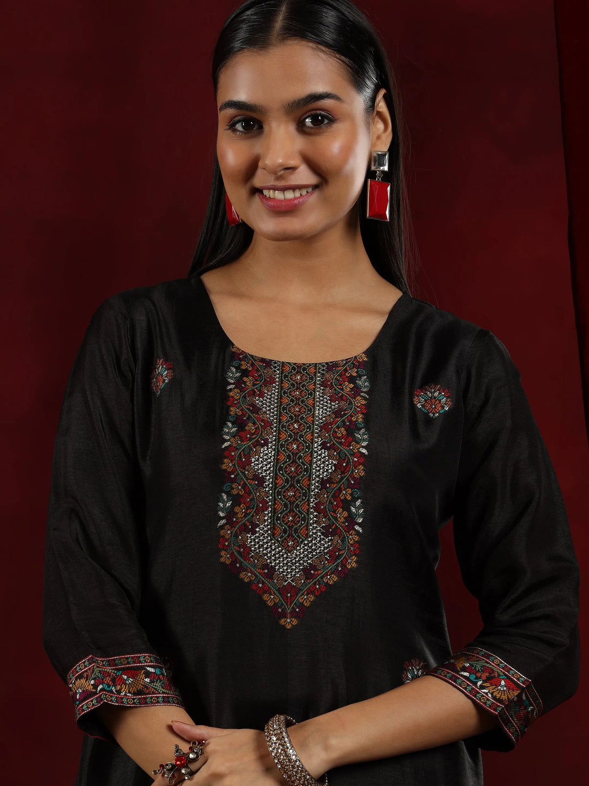 Anouk Art Black Woven Design Silk Blend Straight Suit With Dupatta