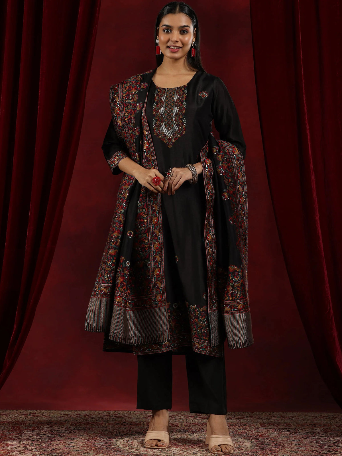Anouk Art Black Woven Design Silk Blend Straight Suit With Dupatta