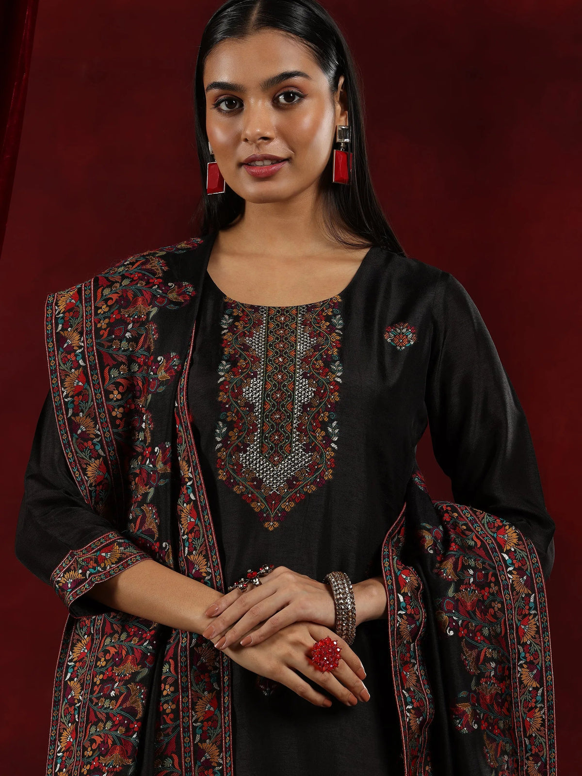 Anouk Art Black Woven Design Silk Blend Straight Suit With Dupatta