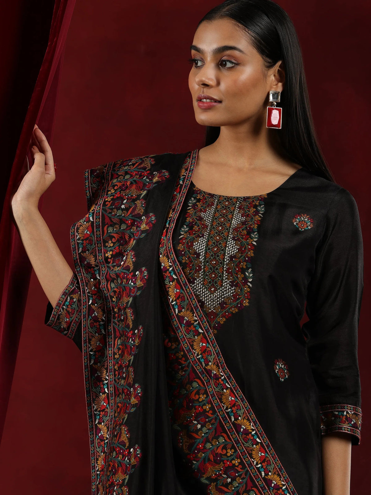 Anouk Art Black Woven Design Silk Blend Straight Suit With Dupatta