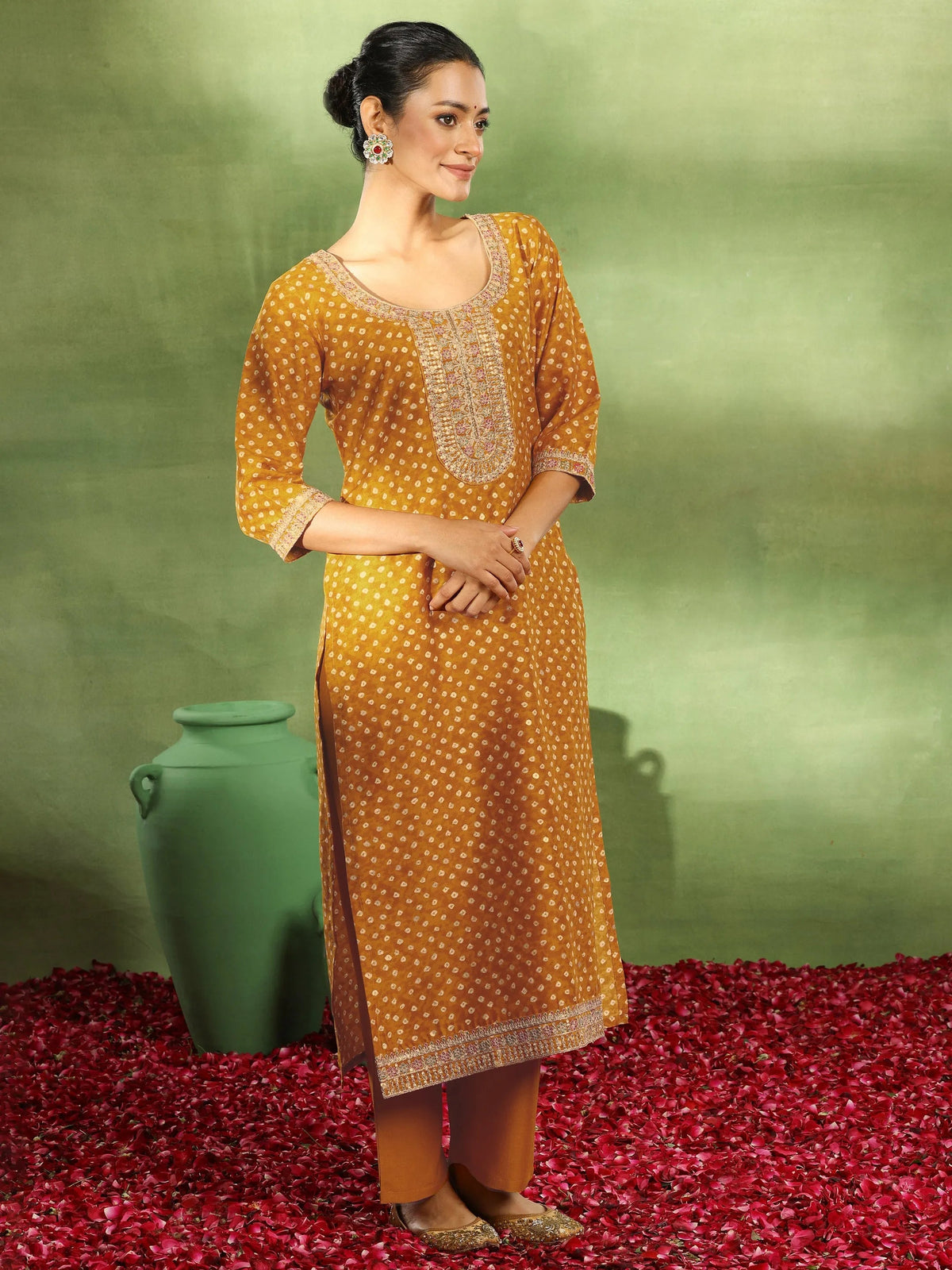 Anouk Mustard Printed Silk Blend Straight Suit With Dupatta