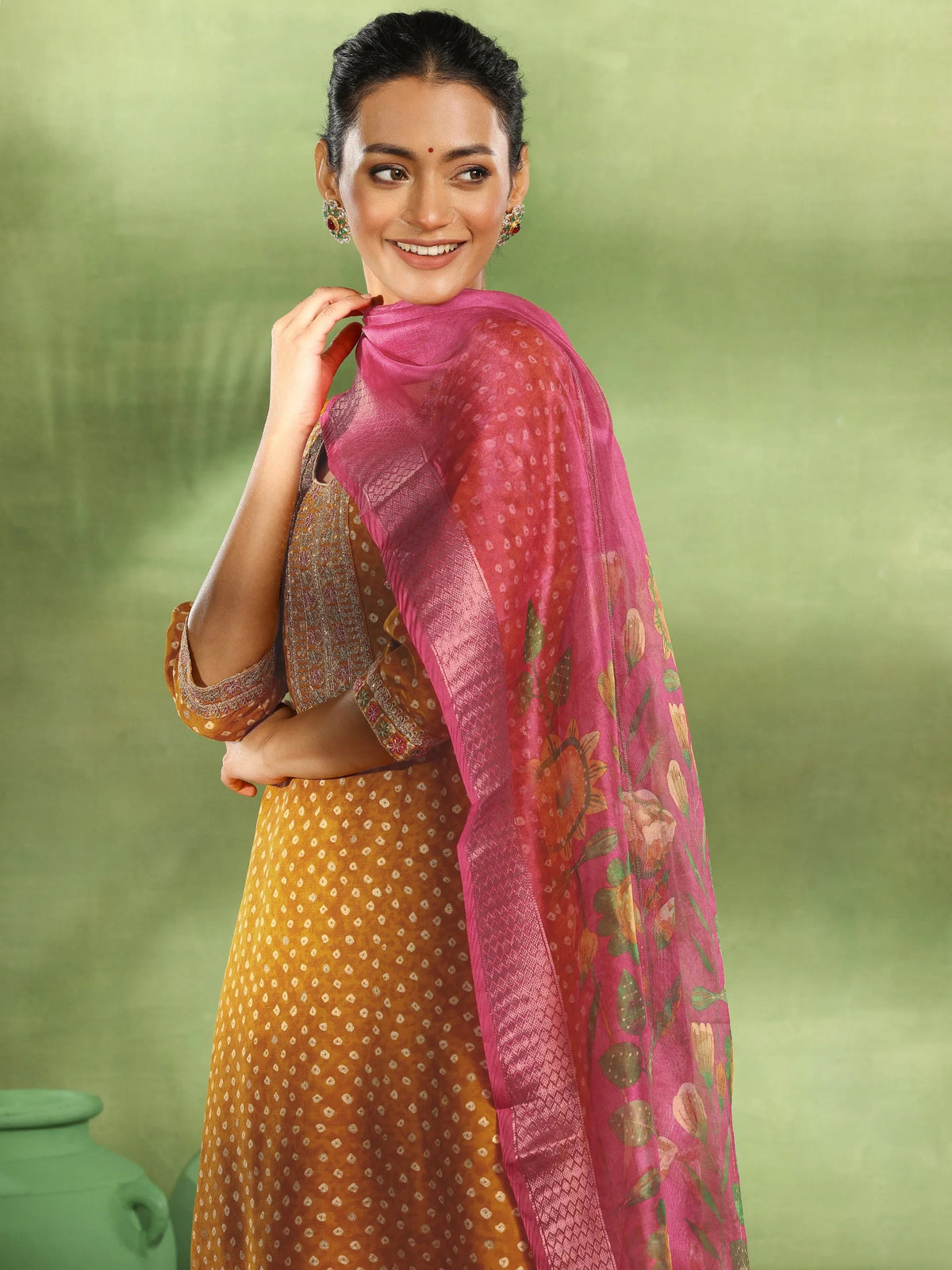 Anouk Mustard Printed Silk Blend Straight Suit With Dupatta