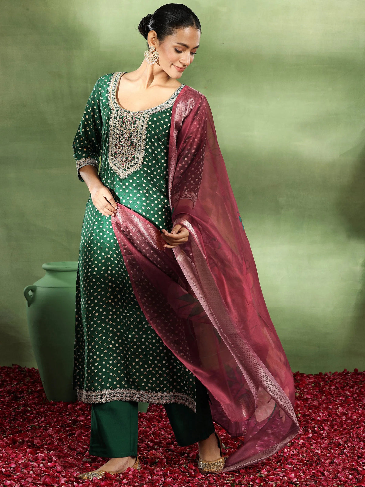 Anouk Green Printed Silk Blend Straight Suit With Dupatta