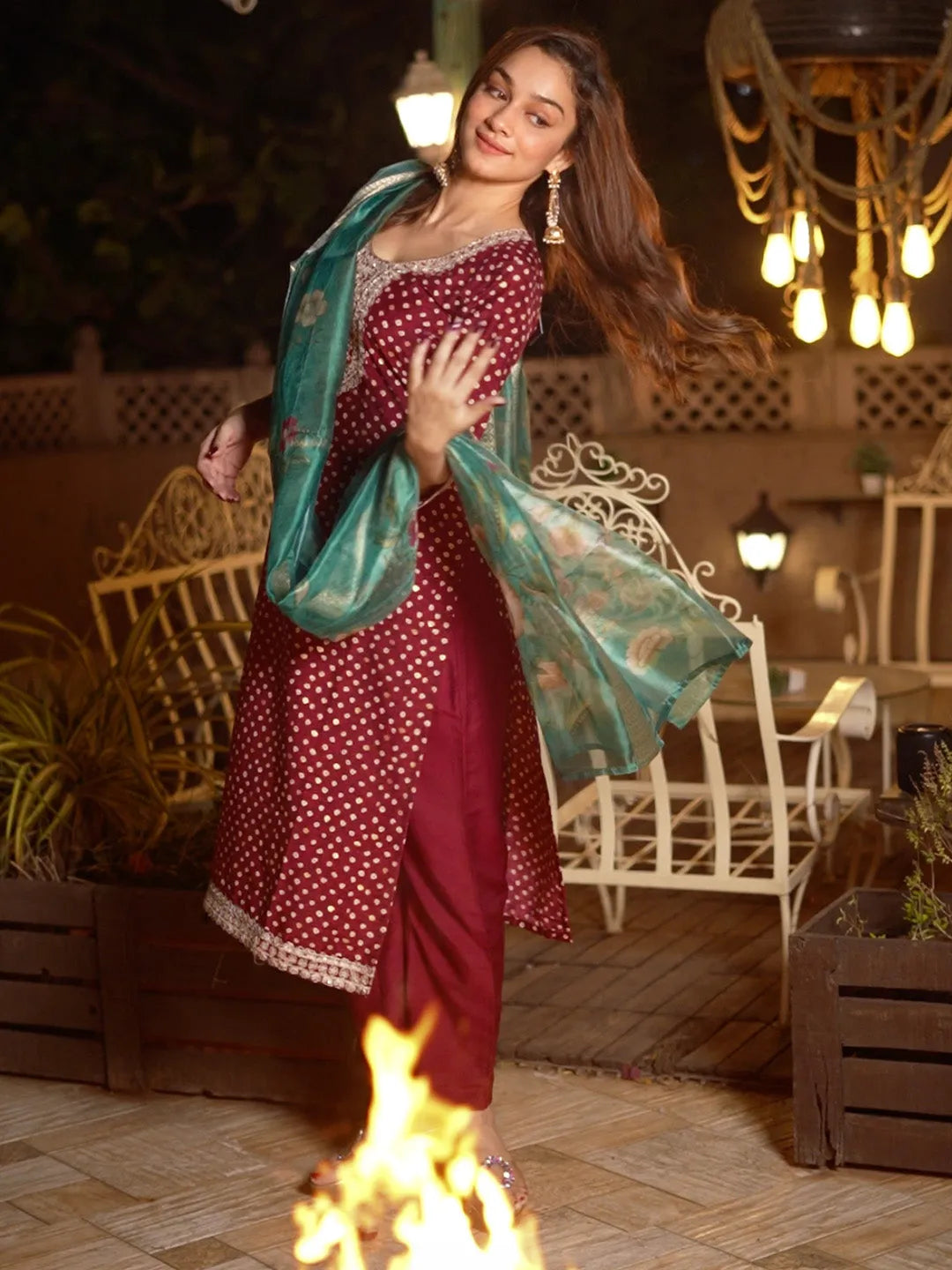 Anouk Maroon Printed Silk Blend Straight Suit With Dupatta